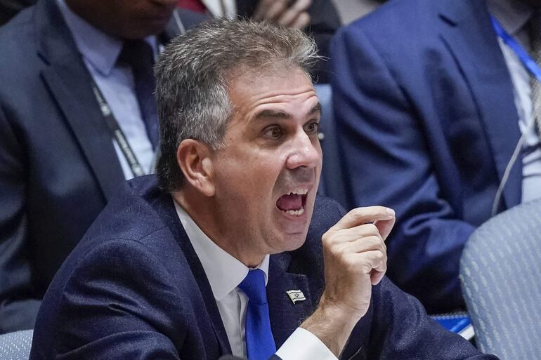 El canciller de Israel, Eli Cohen, durante su discurso ante el Consejo de Seguridad de la ONU.  (EFE)