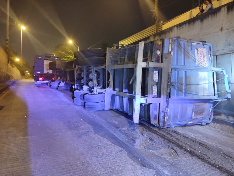 Un camión cargado de ganado volcó en el túnel Semidei cerca de las 3:00 de este martes.