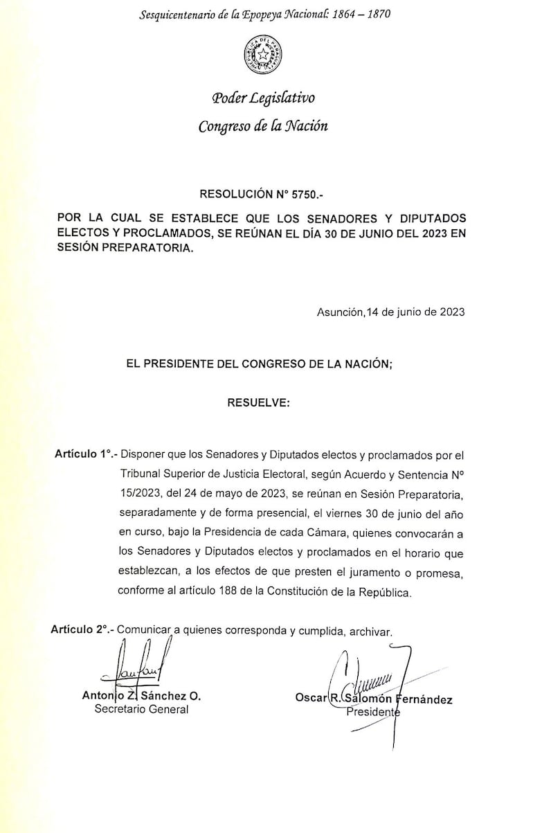 Convocatoria del Presidente del Senado a jurar de manera individual a los legisladores.