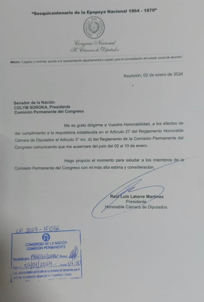 Nota remitida por Raúl Latorre comunicando que estará fuera del país del 2 al 10 de enero de 2024.