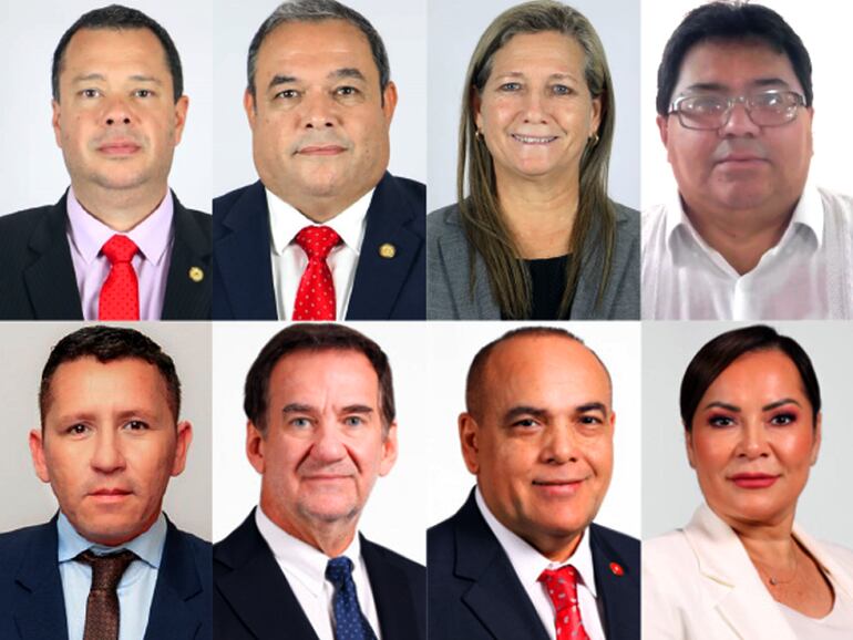 Los ocho parlamentarios chaqueños de este periodo demuestran muy poca representatividad para sus electores. Arriba de izquierda a derecha: Francisco Petersen(ANR), Rubén Roussillón (ANR), María Ida Cattebeke (ANR) y José Domingo Adorno (ANR). Abajo de izquierda a derecha: Javier "Chaqueñito" Vera (CN), Orlando Penner (PPQ), Basilio "Bachi" Núñez (ANR) y Noelia Cabrera Petters (PLRA).