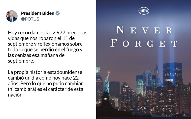 Joe Biden recordó a las víctimas del 11 de setiembre con un mensaje en sus redes sociales.