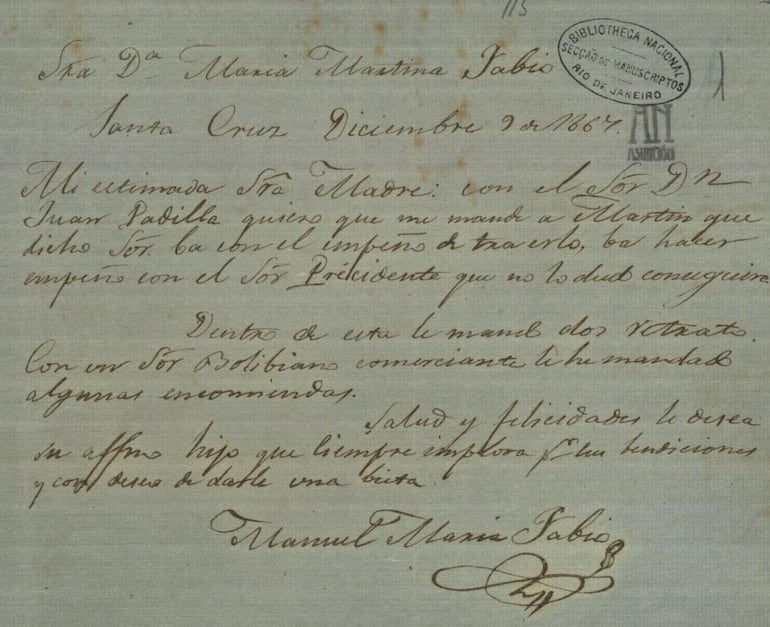 Carta de Manuel María Fabio a su madre, 9 de diciembre de 1867