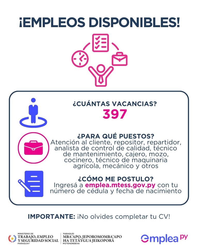 Aviso de empleos disponibles según el Gobierno.