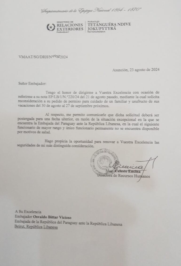 Documento en el que le notifican a Bittar que sus vacaciones las podrá realizar en otro momento. (gentileza).