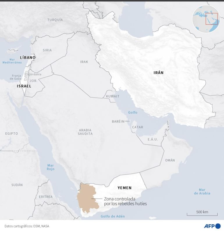 La infografía muestra la distancia entre Israel y Yemen.