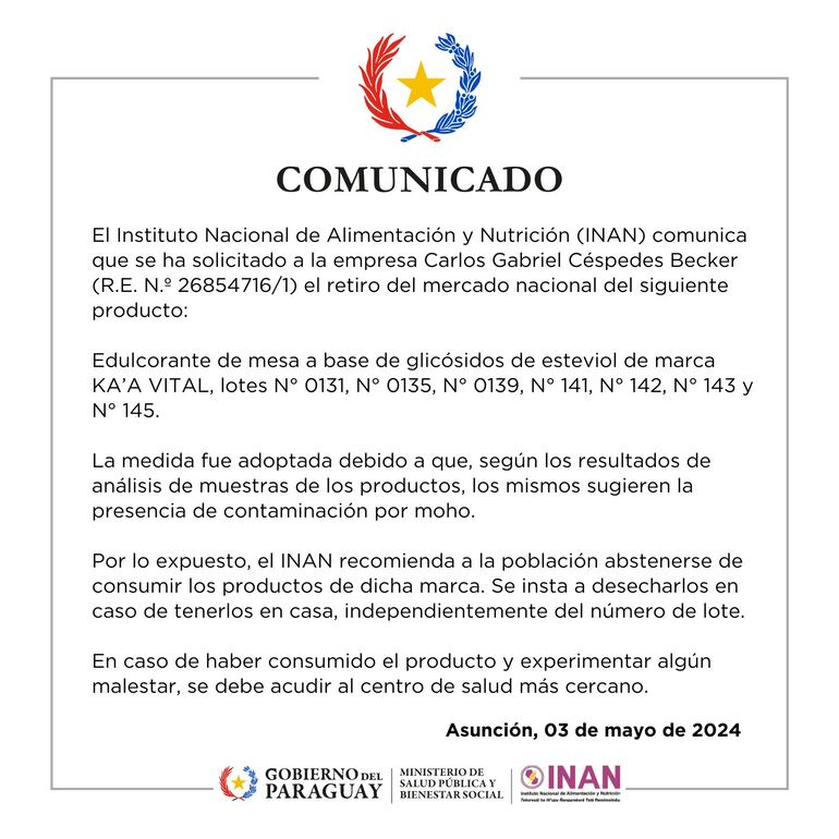 El segundo comunicado del Ministerio de Salud, a través del INAN, sobre el edulcorante Ka'a Vital.