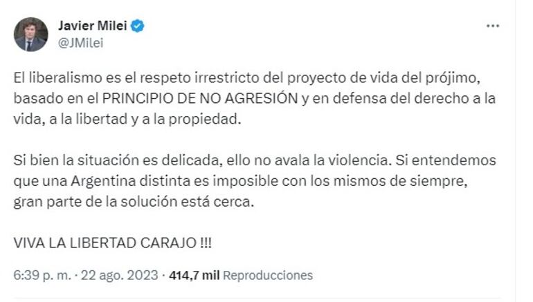 Tuit de Javier Milei en respuesta a acusaciones.