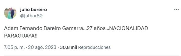 La publicación de Julio Bareiro, hermano de Adam Bareiro, futbolista de San Lorenzo de Almagro, en X.