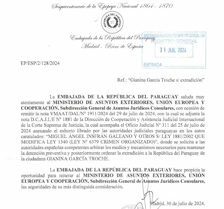 Documento recibido por las autoridades de España, remitido por Paraguay solicitando la extradición de la uruguaya Gianina García Troche.