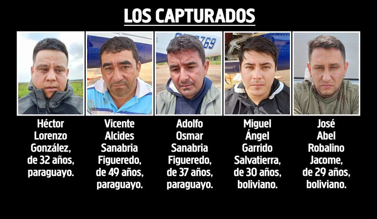 Héctor Lorenzo González, Vicente Alcides Sanabria Figueredo, Adolfo Osmar Sanabria Figueredo, Miguel Ángel Garrido Salvatierra y José Abel Robalino Jacome, capturados por la Policía en Misiones.