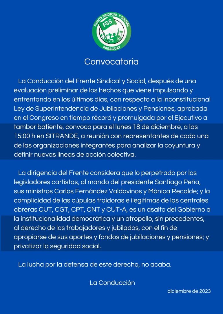 Comunicado del Frente Sindical y Social sobre promulgación de ley de Superintendencia de Pensiones y Jubilaciones.