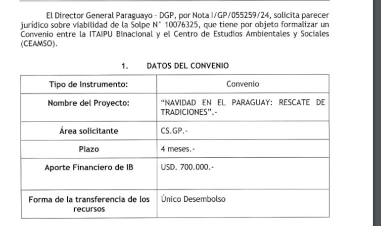 Parte de los datos del convenio que firmó la Itaipú con la ONG Ceamso.