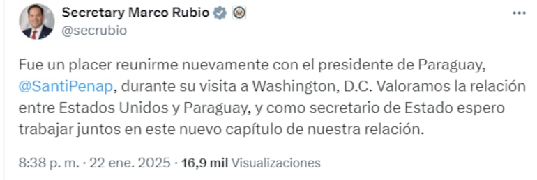 Publicación de la cuenta de X del secretario de Estado de los EE. UU., Marco Rubio.