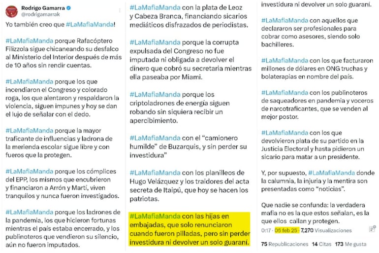 Posteo del diputado cartista Rodrigo Gamarra donde hace referencia a la amenaza denunciada  por la diputada Rocío Vallejo.