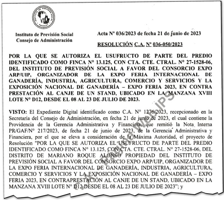 La Resolución 036-050/2023 fue aprobada por el Consejo de Administración el 21 de junio último, cediendo como canje un terreno de 5 hectáreas a cambio de un stand en la Expo Feria 2023.