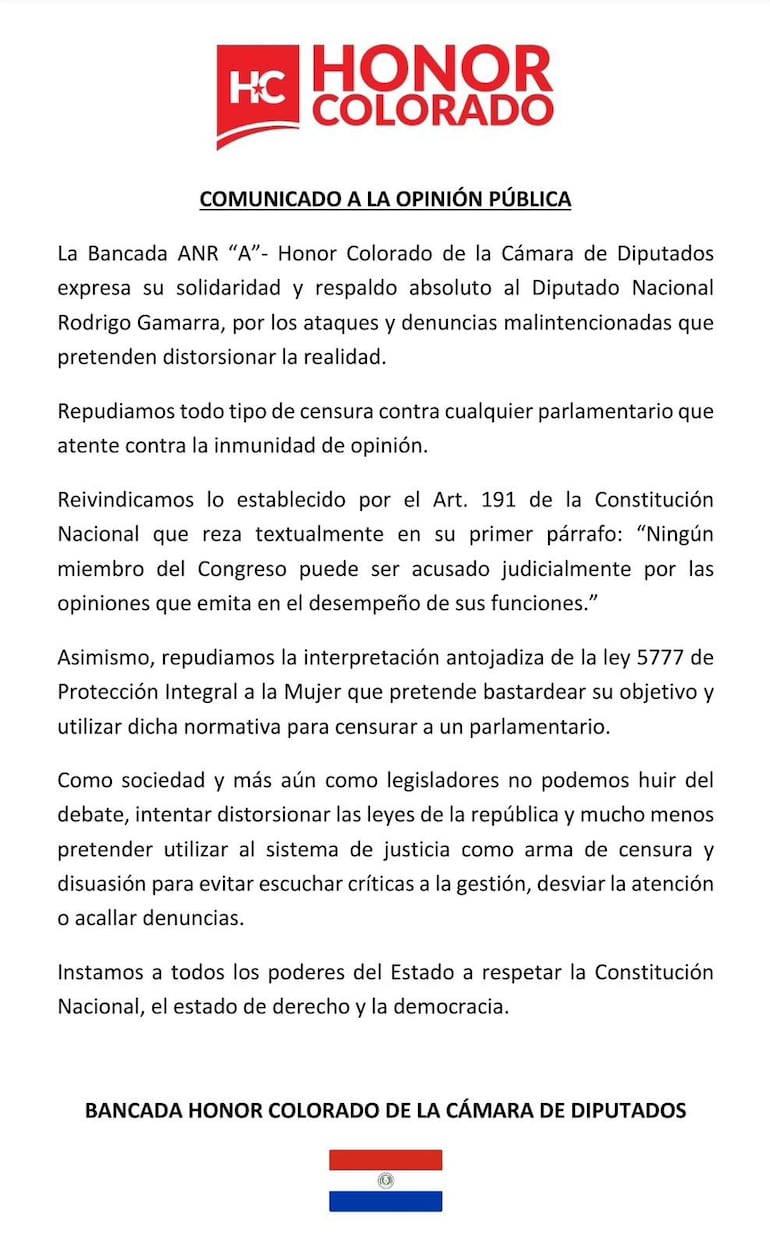 Comunicado de la bancada A de diputados de Honor Colorado sobre caso de Rodrigo Gamarra en el que hacen uso a conveniencia de la libertad de expresión luego de que el diputado sea denunciado por violencia hacia la mujer por sus expresiones en redes sociales.