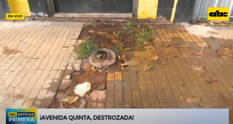 Perdida de agua potable en vereda sobre avenida Quinta. (captura de ABC TV).