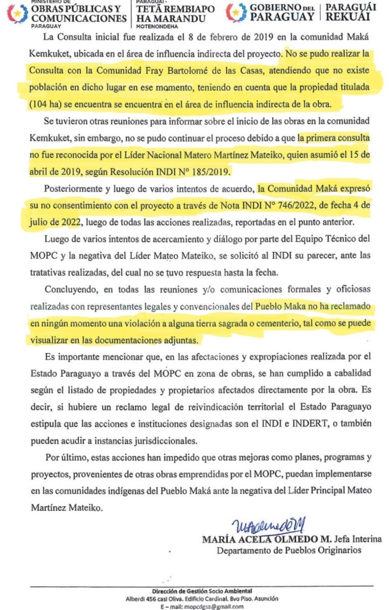 Facsímil de un reporte del MOPC referente a la construcción del puente "Héroes del Chaco" sobre tierras del pueblo Maká. El departamento de Pueblos Originarios reconoce que la obra se desarrolló sin el consentimiento de la comunidad, que cuenta con tierras tituladas en la zona.