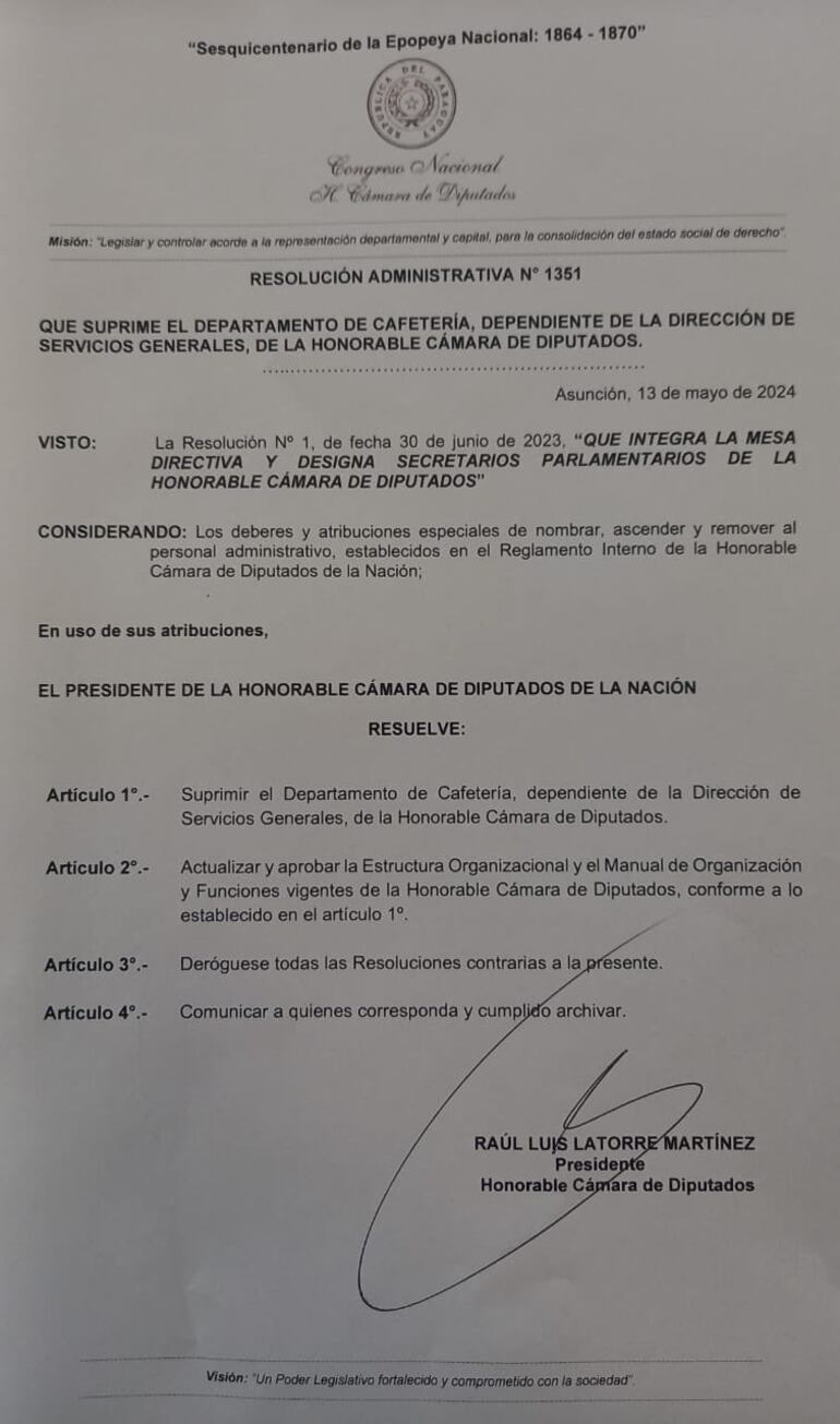 Resolución de la Cámara de Diputados por la cual se elimina la "Dirección de Cafetería".