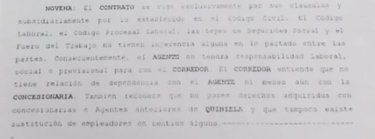 Facsímil de parte del contrato de TDP que obliga a firmar a los quinieleros.