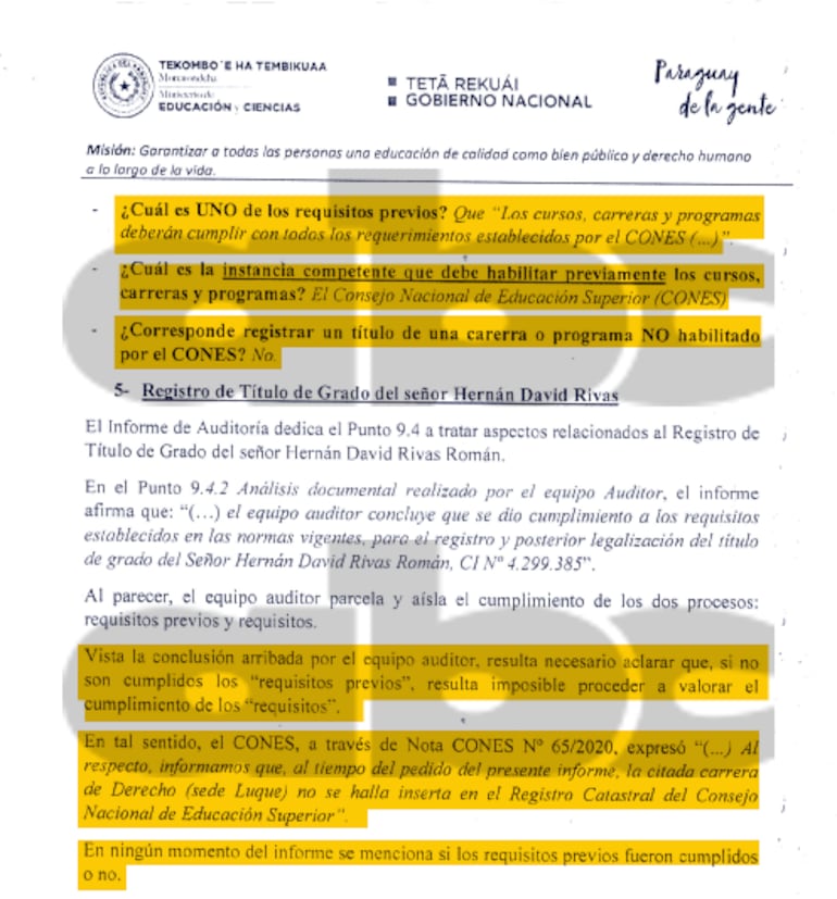 Conclusiones de la Dirección de Anticorrupción del MEC, que en el 2020 reclamaba irregularidades en auditoría que confirmó la supuesta legalidad del título de Hernán Rivas.