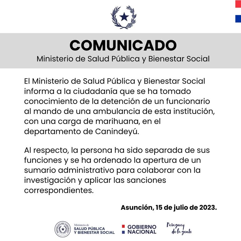 Comunicado del Ministerio de Salud Pública sobre la "narcoambulancia".