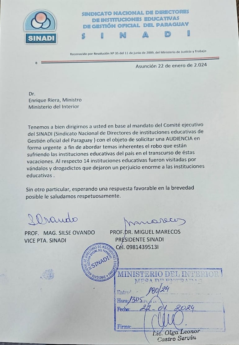 Nota del Sindicato de Directores exigiendo una reunión al ministro del Interior, Enrique Riera.