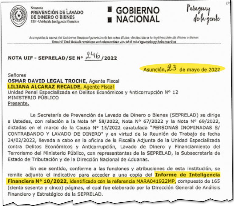 ota enviada por Seprelad el 23 de mayo de 2022 en la cual informa el envío del reporte de inteligencia vinculado a Horacio Cartes.