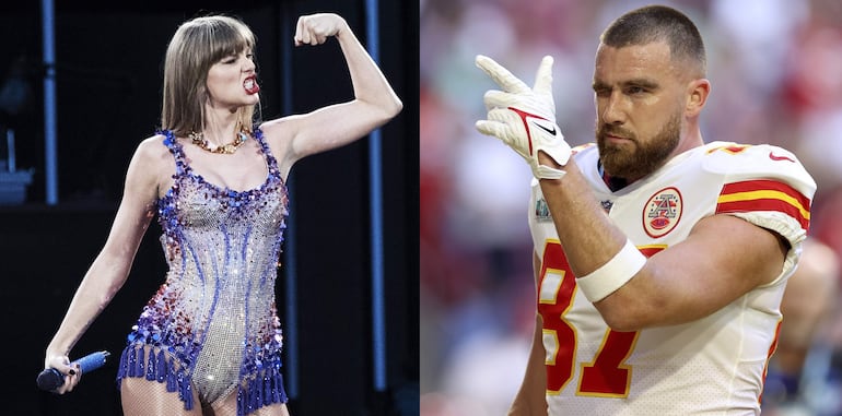 La cantante estadounidense Taylor Swift y el jugador de Chiefs Travis Kelce. 
