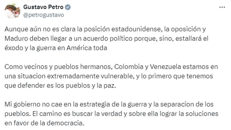 Publicación de la cuenta de X del presidente de Colombia, Gustavo Petro.