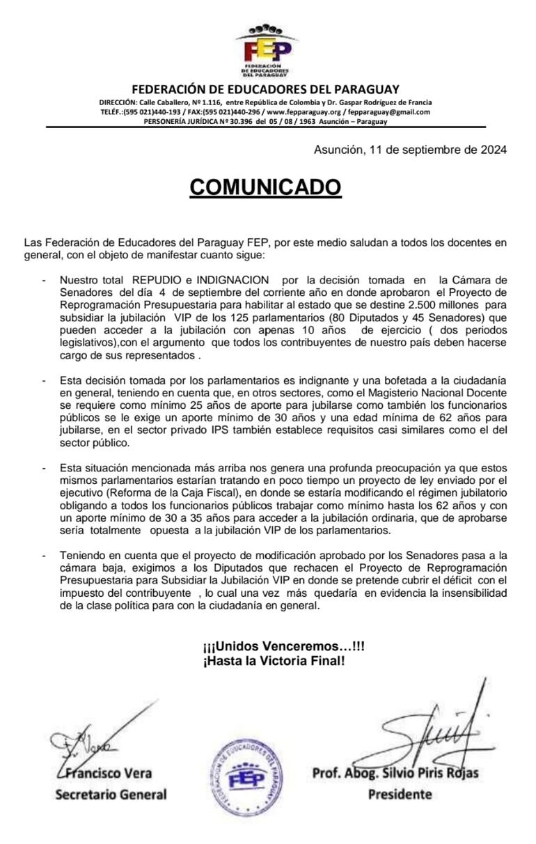 Comunicado de la FEP sobre la jubilación VIP.