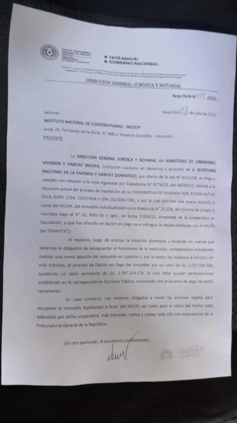 Notificación del Ministerio de Urbanismo, Vivienda y Hábitat a la Cooperativa Tava Rory sobre dación de pago.