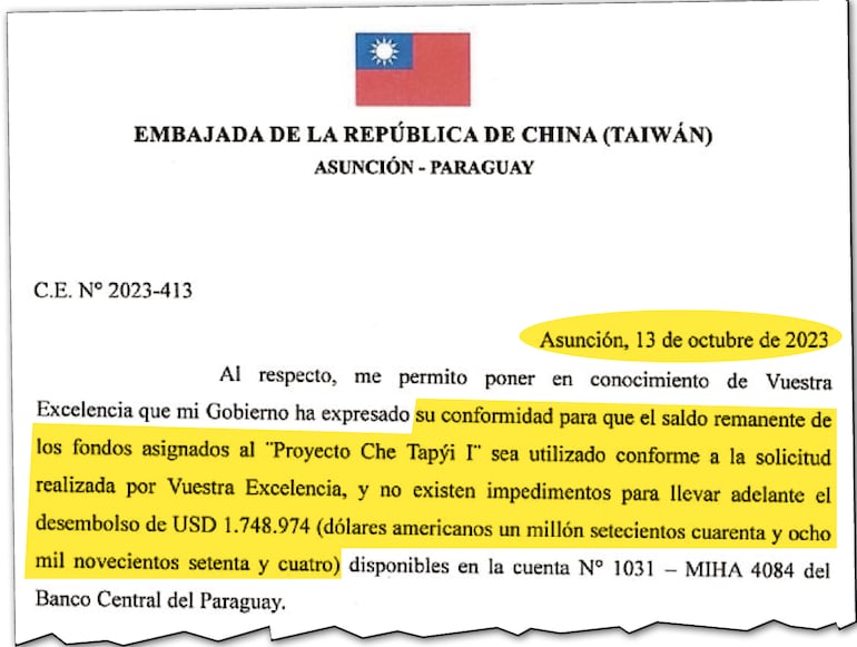 Documento de conformidad enviado por el embajador de Taiwán para usar los recursos.