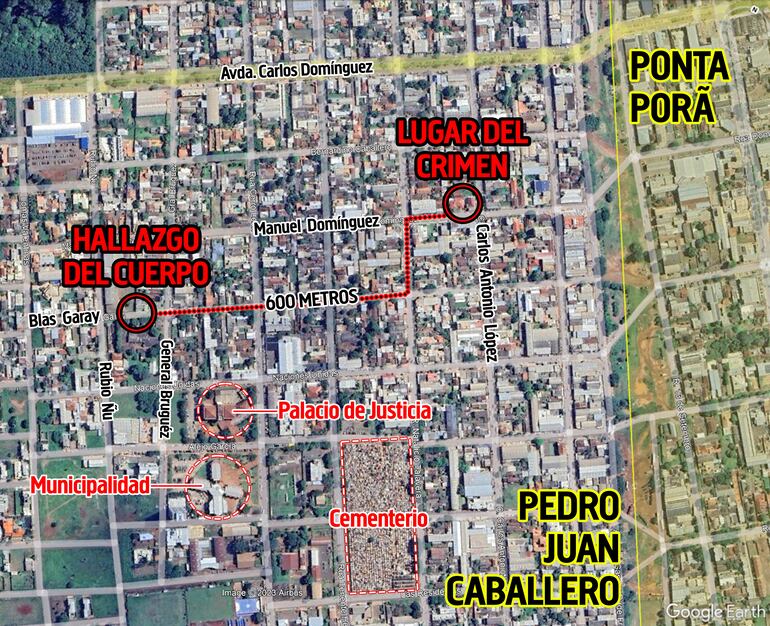 Mapa del lugar del crimen y el hallazgo del cuerpo de Aguacate, en Pedro Juan Caballero.