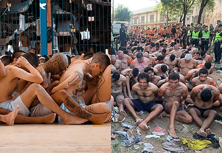 A la izquierda, imagen de presos en el operativo contra pandillas, liderado por Nayib Bukele en El Salvador. A la derecha, fotografía del operativo Veneratio en Tacumbú.