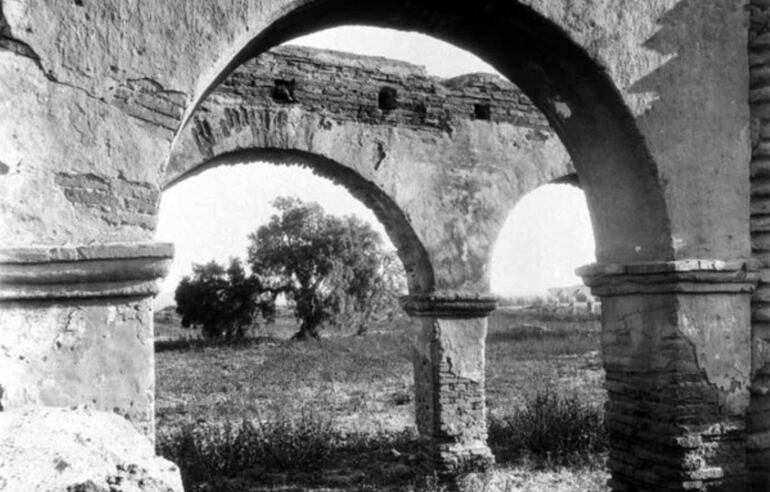 Árbol de pimienta en las ruinas de la Misión San Luis Rey, San Diego (California Historical Society).