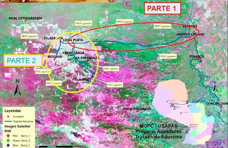 Trazado del acueducto central que ya está operando. Con el incremento del contrato, se llegará a Mariscal Estigarribia desde Filadelfia, lo que también puede verse en el mapa.