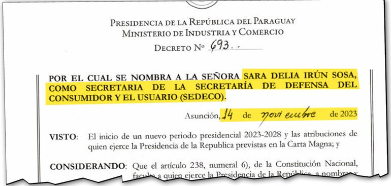 Decreto del 14 de noviembre de 2023, por el cual se nombra a Sara Irún, esposa de Vallejos Riart.