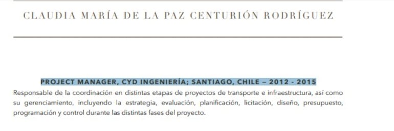 En e CV de la ministra, resalta que fue empleada de C Y D Ingeniería.