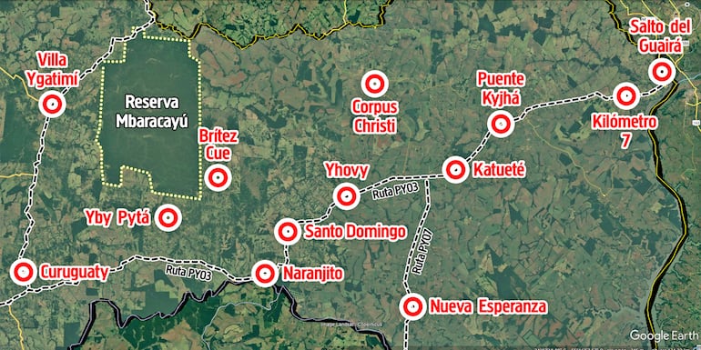 Mapa de Canindeyú con las zonas de influencia del asesino Felipe Santiago Acosta Riveros, alias Macho.