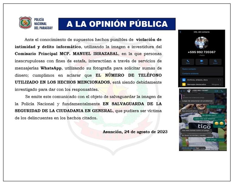 Policía da avisa sobre estafa en la que utilizaban datos de comisario