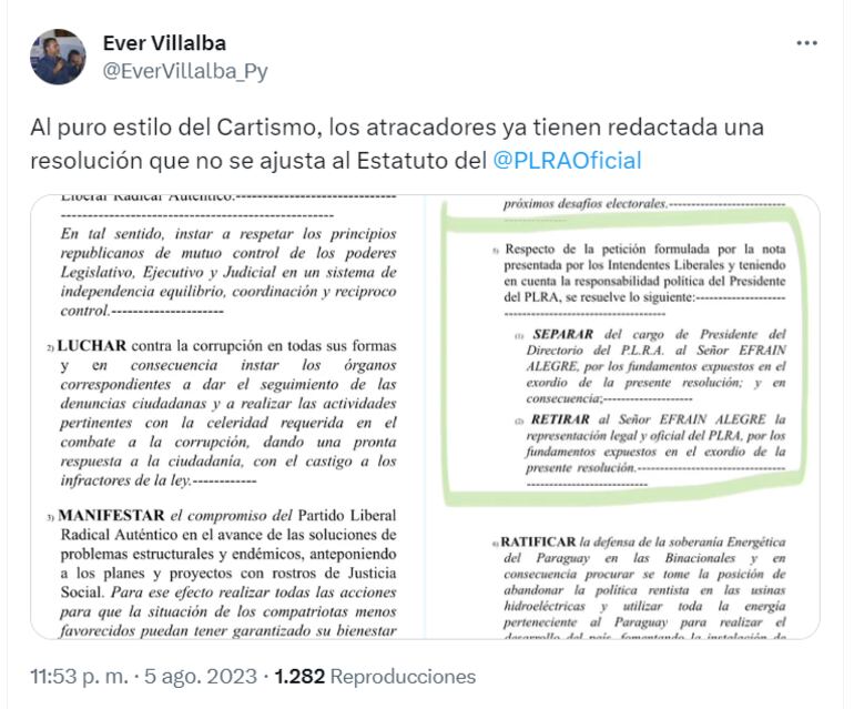 Documentos preparados por sector cartista para destituir a Efraín Alegre de la presidencia del PLRA durante la convención liberal, según denuncia de senador, Ever Villalba.