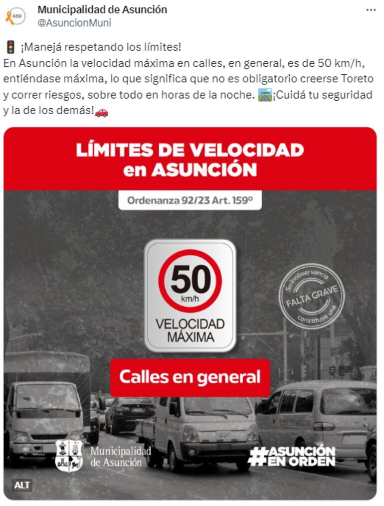 La publicación de la Municipalidad de Asunción donde instan a no ser "Toretto".