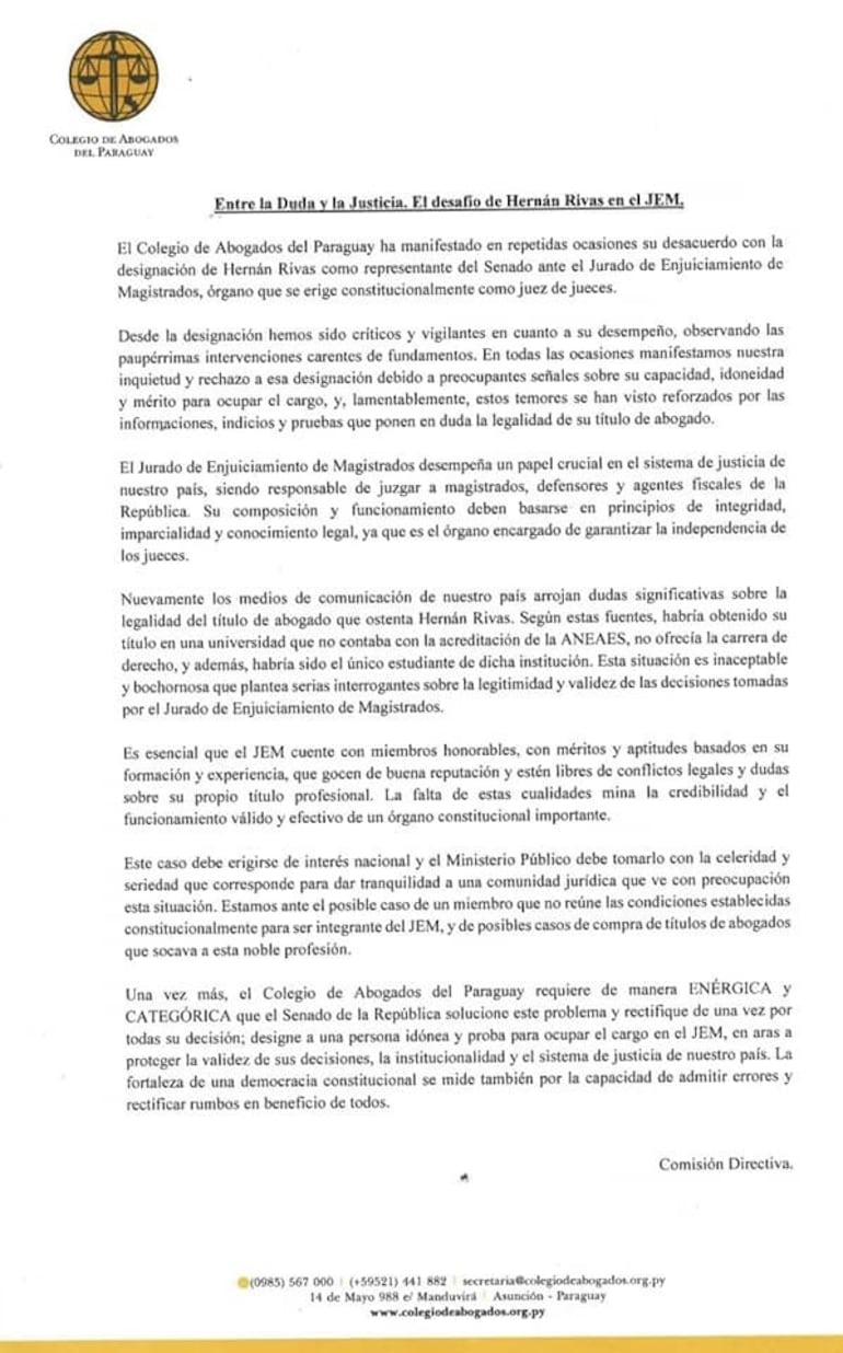 Comunicado del Colegio de Abogados del Paraguay.