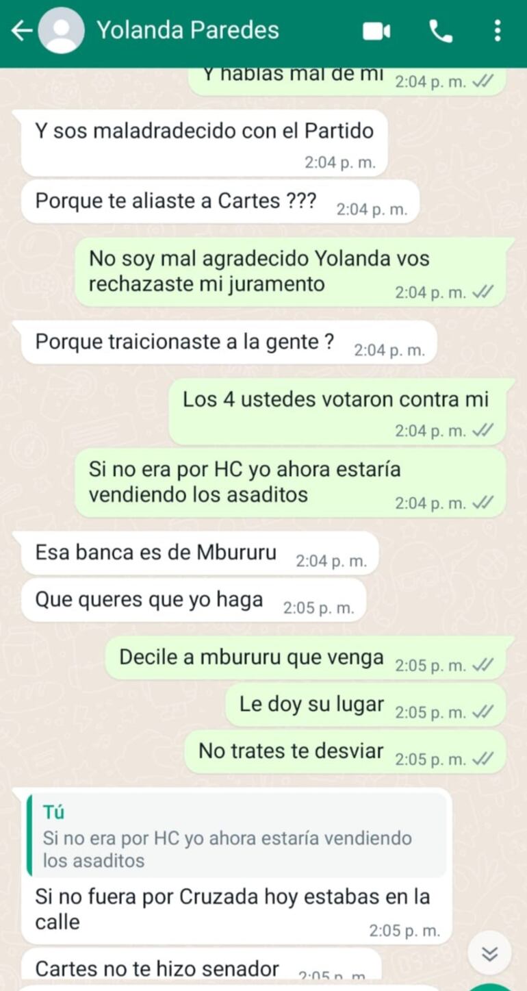 Supuesto mensaje entre Javier Vera y Yolanda Paredes