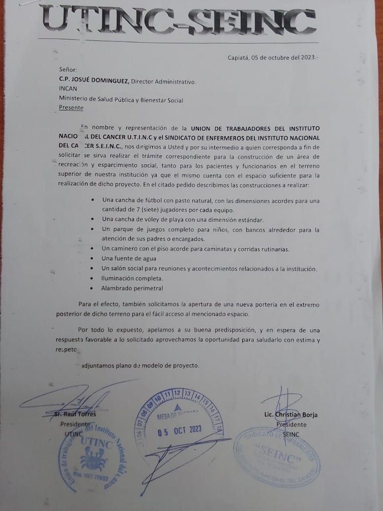 Documento enviado a la Dirección Administrativa del Incan con los detalles del área recreativa que es rotundamente rechazado por los pacientes del hospital público.