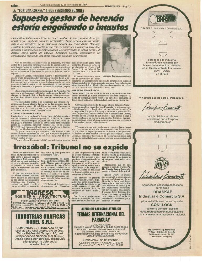 Publicación de nuestro diario del año 1989, que da cuenta de la detención de una persona que se hacía pasar de gestor para tramitar la mítica herencia del comendador Correa.