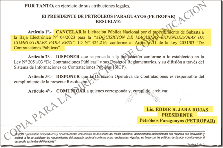 Resolución del presidente de Petropar que canceló la licitación para la compra de expendedoras.