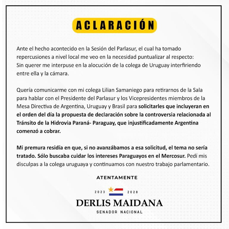 Comunicado del senador Derlis Maidana.